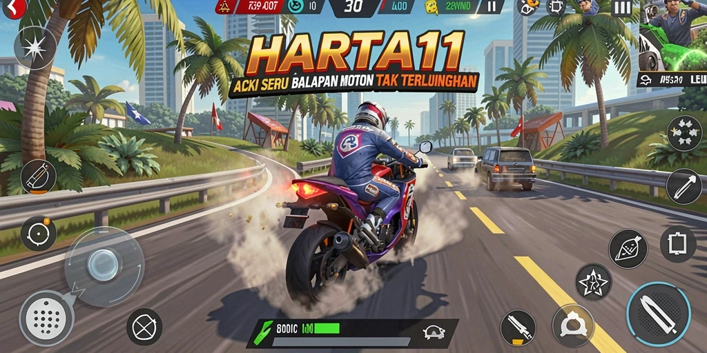 Tampilan gameplay HARTA11 dengan balapan motor yang seru.