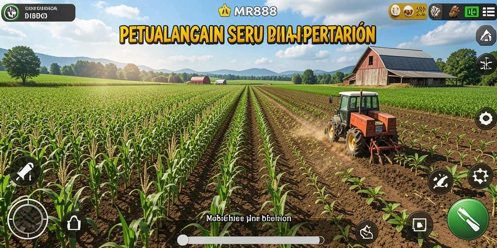 Tampilan gameplay <strong>MR888</strong> saat mengelola lahan pertanian yang subur dan aktivitas bercocok tanam.