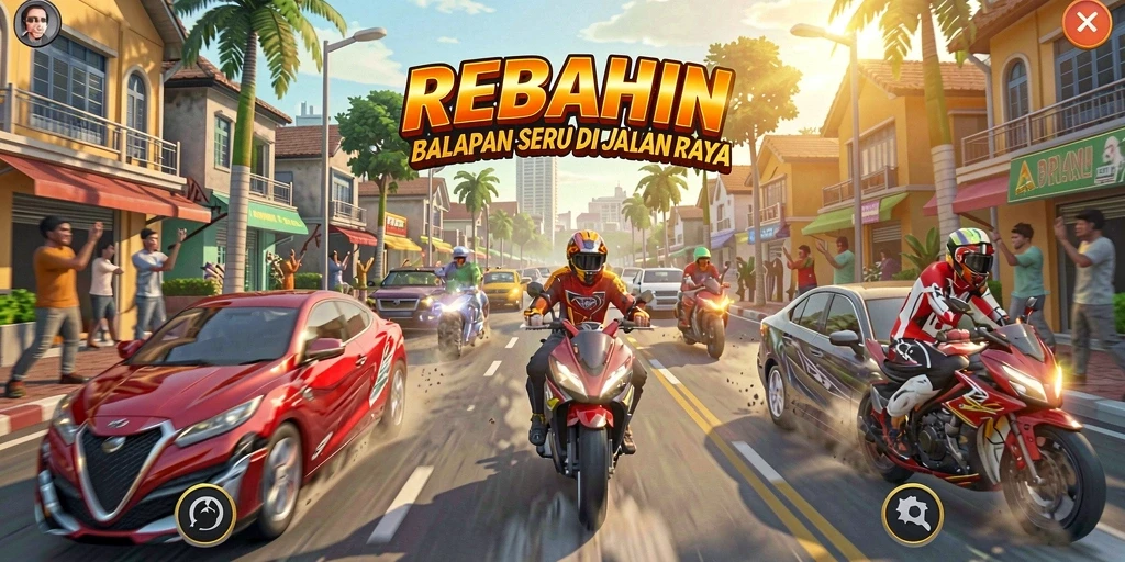 Tampilan gameplay seru di REBAHIN saat balapan di jalanan.