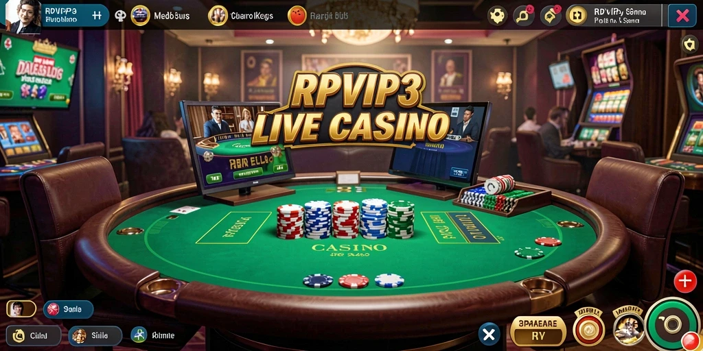 Tangkapan layar gameplay RPVIP3 yang menunjukkan dealer langsung dan suasana kasino.