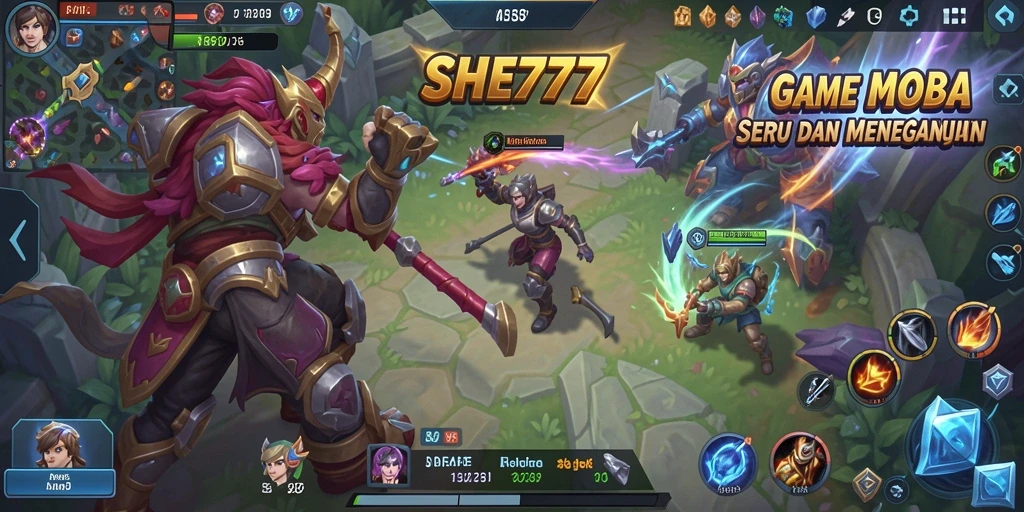 Tampilan gameplay seru di SHE777 dengan pertempuran MOBA yang mendebarkan.