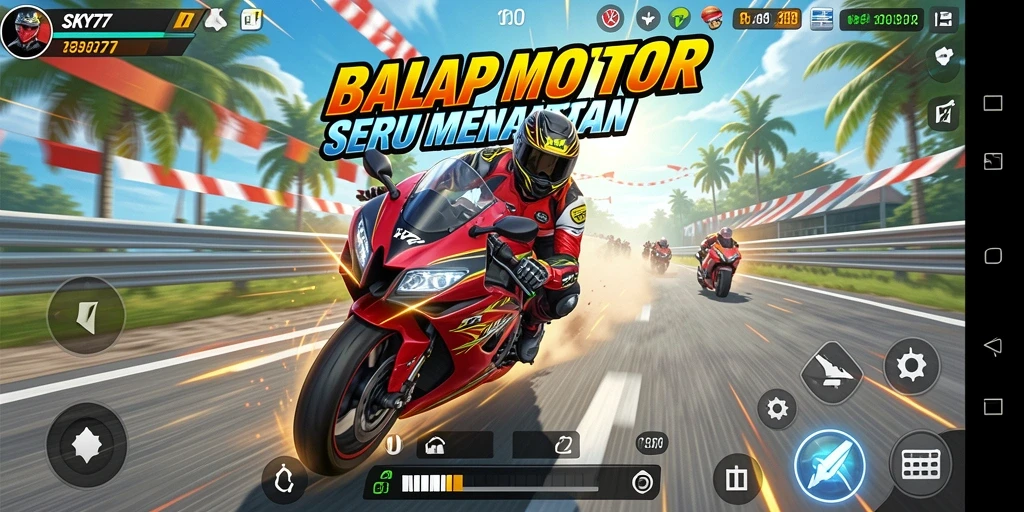 Tampilan aksi balapan motor yang mendebarkan dalam SKY77.