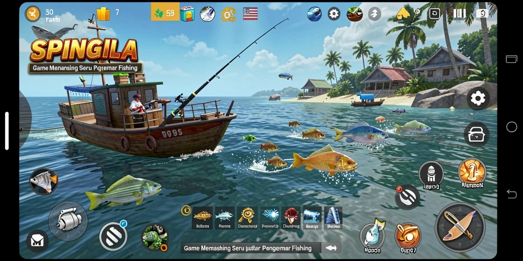 Tampilan gameplay SPINGILA dengan suasana memancing yang menenangkan.