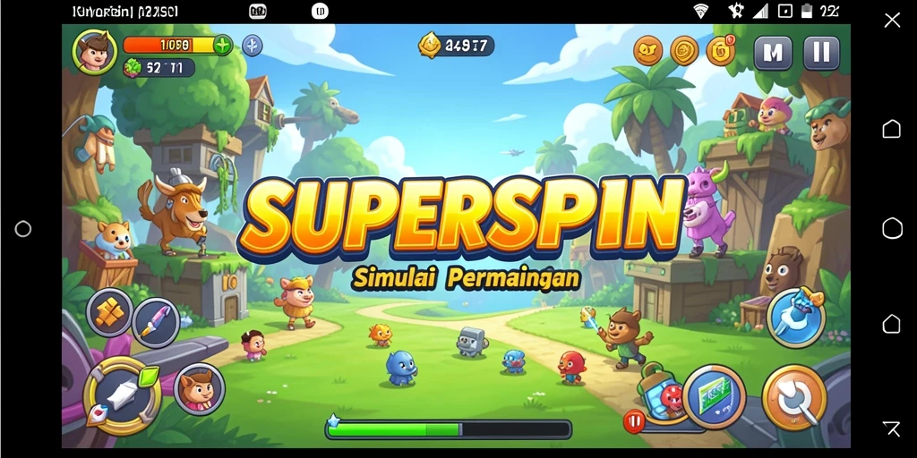 Tangkapan layar utama <strong>SUPERSPIN</strong> menampilkan gameplay simulasi yang dinamis dan menarik.